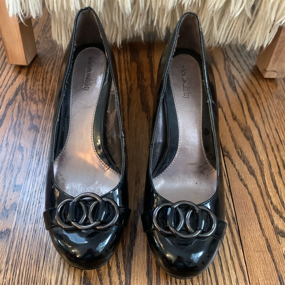Size 8 Black Shiny Heels with Metal Accents